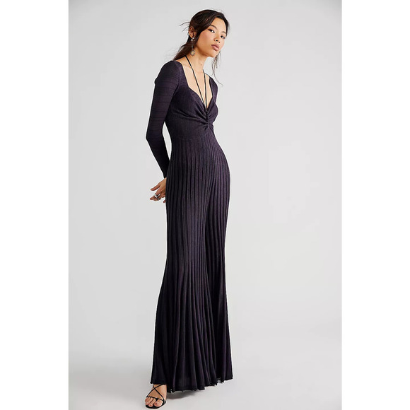 New Free People Lady Luck Jumpsuit $168 X-SMALL Plum Ribbed Knit Wide-leg - Picture 2 of 8